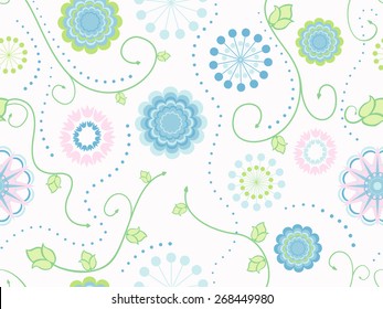 Tender flowers seamless pattern. Abstract ornament for textile or wallpaper background with floral elements and dots. Vector file is EPS8.