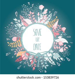 Tender Frame "Save The Date" surrounded by field flowers on turquoise background