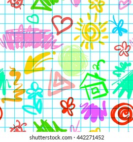 tender funny seamless pattern drawn with spots stripes and flowers on a checkered background summer vector illustration