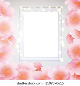 Tender and gentle vector illustration with light window frame for greeting text, flashing garland with glow lights and large pink sakura flowers
