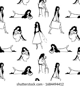 tender girl in motion ink sketch seamless pattern