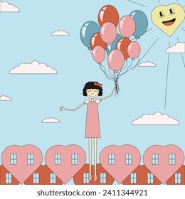 Tender girl in night dream flies in the sky on air Balloons. Cartoon Valentine's Day card with princess above heart city. Flat Retro Art for web and social media. Vector illustration. EPS 10 
