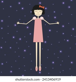 Tender girl in night dream flies in the nighty sky. Cartoon Valentine's Day card with princess on starry background. Flat Retro Art for web and social media. Vector illustration. EPS 10 