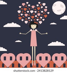 Tender girl in night dream flies in the nighty sky. Cartoon Valentine's Day card with princess above heart city. Flat Retro Art for web and social media. Vector illustration. EPS 10 