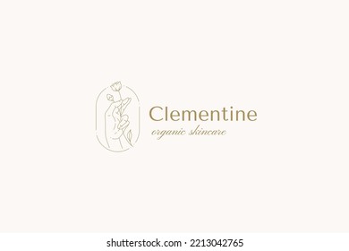 Tender golden wildflower botanical plant holding human hand organic wellness nature soft care minimalist logo vector illustration. Blossom flower line art monochrome decorative design emblem