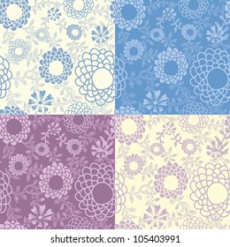 Tender and graceful  collection of four hand drawn flowers vector seamless patterns.  Made in pastel tones