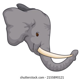 Tender gray elephant head with smiling gesture, long tusks, trunk and big ears.