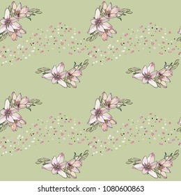 Tender green pattern, lily and hearts