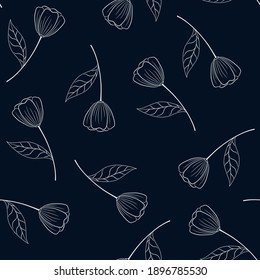 tender hand drawn floral navy seamless pattern with transparent flowers and leaves in vintage style