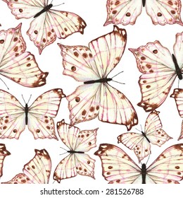Tender hand drawn seamless pattern with watercolor white butterflies on the white background in vector
