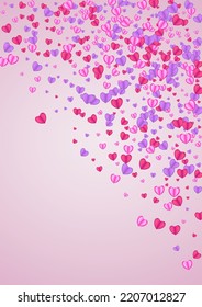 Tender Heart Background Pink Vector. Bright Pattern Confetti. Purple Romantic Illustration. Violet Confetti Cute Backdrop. Lilac Mother Frame.