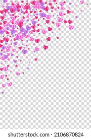 Vector transparente de fondo del corazón de la oferta. Confeti de marcos de aniversario. Patrón Violet Happy. Fondo rojo al azar de los confeti. Textura de cumpleaños rosada.