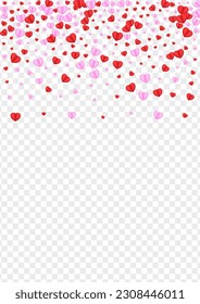 Tender Heart Background Transparent Vector. Greeting Backdrop Confetti. Pink Celebration Texture. Red Heart Elegant Pattern. Fond Isolated Frame.