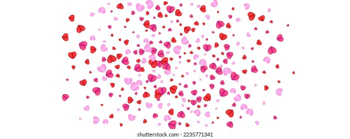 Tender Heart Background White Vector. Volume Backdrop Confetti. Fond Bright Texture. Red Confetti Isolated Frame. Pink February Illustration.