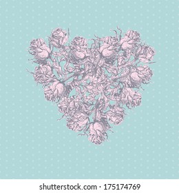 Tender heart from hand drawn vintage roses in pastel tones.All objects are located on separate layers