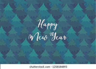 Tender horizontal background with blue overlapping coniferous trees and white Happy New Year text. Cute Christmas firs or pines texture for banner, surface design, wallpaper, greeting cards
