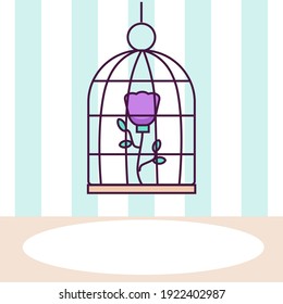 Tender icon of the decoration cage with lilac rose inside with mint white striped wallpapers behind and beige floor in shabby chic style
