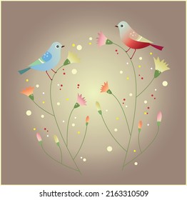 tender illustration depicting birds on a flowering branch. buds and open flowers. pastel and soothing shades