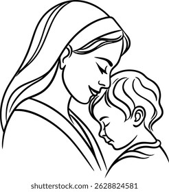 Tender illustration of a mother and child embracing symbolizing love and protection in a simple minimalist line art style