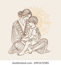 A tender illustration of a mother lovingly embracing her child, both seated and sharing a close moment. The mother wears a beautifully patterned dress, and the background features a decorative sun