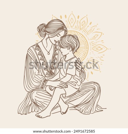 A tender illustration of a mother lovingly embracing her child, both seated and sharing a close moment. The mother wears a beautifully patterned dress, and the background features a decorative sun