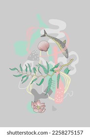 Tender illustration of the sea life. Hand drawn in shadowed pastel colors: pink, green, and yellow. Can be used as a A6, A4 paper sized template for a postcard or wall decoration.