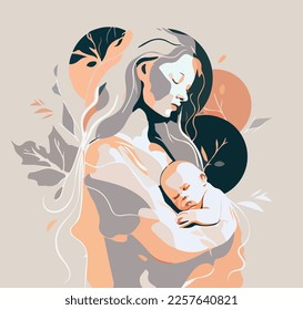 Ilustración tensa con una mujer con un bebé en sus brazos. Postal para el Día de la Madre. Período feliz post parto. El concepto de maternidad y salud. Pastel de colores naturales.