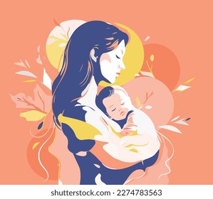 Tender illustration with a woman with a baby in her arms. Postcard for Mother's Day. Postpartum happy period. The concept of motherhood and health. Vibrant contrasting colors