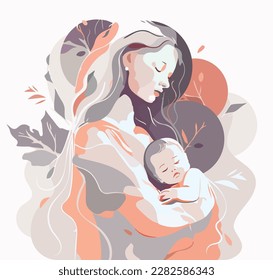 Ilustración tensa con una mujer con un bebé en los brazos contra la caída de círculos y hojas. Tarjeta para el Día de la Madre. Período feliz post parto. Maternidad y salud. Pastel de colores naturales.