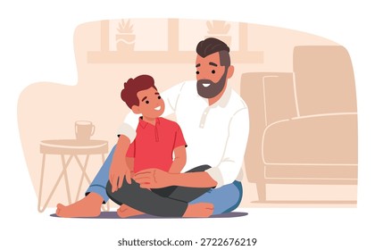 Momento alegre e terno entre o pai e sua cena de desenho animado de filho pré-adolescente. Pai e menino sentado no chão em casa mostrando fortes laços familiares, conexão emocional, ilustração de vetor de ligação masculina