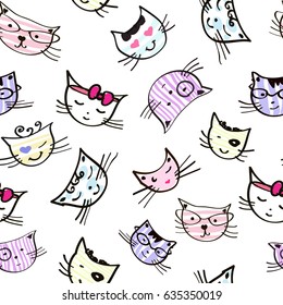 Tender kids pattern, cat head, smiles, seamless vector pattern for textile texture, wallpaper,  paper, wrapper