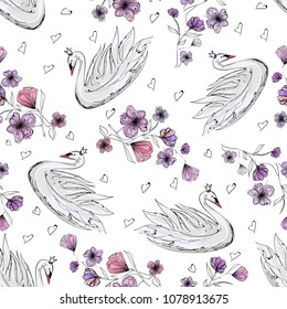 Tender kids pattern, white swan, crane, flower sketches on white background, seamless vector illustration