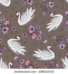 Tender kids pattern, white swan, crane, flower sketches on tender brown background, seamless vector illustration