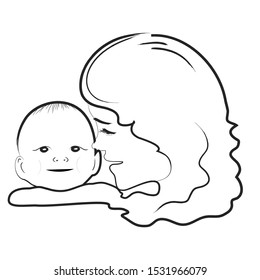 Tender Kiss. Young Mother with Her Child. Happiness of Parenthood Concept. Hand Drawn Vector Illustration. Simple Line Design