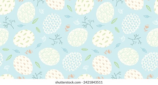 Zender hellblauer Happy Oaster nahtlose Muster mit bunten dekorierten Eiern und Kräutern für Frühlingsurlaub Textilien-Design, Wickelpapier, Grußkartendekor