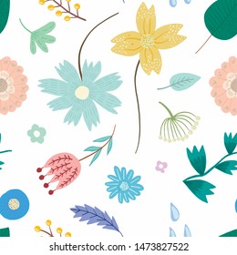 Tender light floral seamless pattern with pastel colors flowers and leaves on white background. Lovely floral texture with blossoms and herbs for textile, wrapping paper, surface, wallpaper