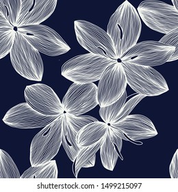 Tender Lilies flowers seamless pattern on dark background. Openwork floral pattern with lilies. Flower lace pattern. Doodle. Abstract vector illustration. Invitation or greeting card with lace pattern