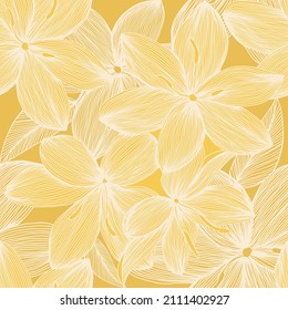 Tender Lilies flowers seamless pattern.  Openwork floral pattern with white lilies on yellow background. Flower lace pattern. Doodle. Wedding Invitation or greeting card with lace pattern.