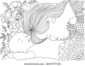 Tender Line Art Illustration of a Mother and Baby Embracing with Intricate Floral and Zentangle-Inspired Patterns, Perfect for Coloring Books, Mother's Day, and Maternity Themes.