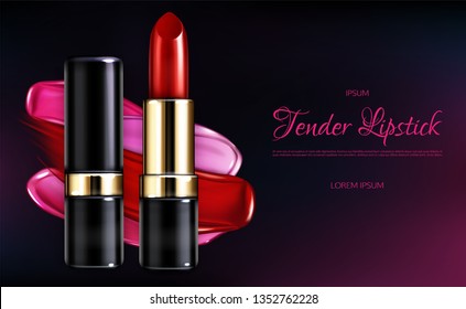 Tender lipstick line 3d realistic vector advertising banner and glossy  branded tube   various colors lipstick strokes samples illustration  Womans cosmetics  make up new product promotion poster