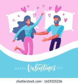 Tender Lovers in Bed Valentine Night Embrace. Be my Valentine greeting card with lovers couple in bed.