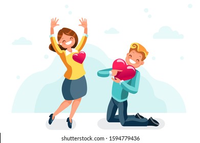 Tender man on dating have romance with his wife, together in joy holding emotions for togetherness. Husband in loving time, relaxed male romantic cartoon. Fall in love concept flat vector illustration