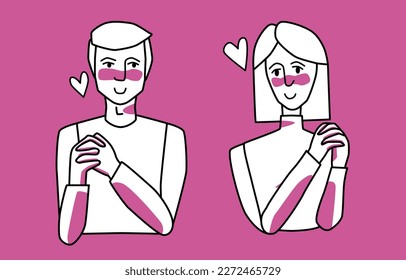 Tender man and woman in love, pink and white, shy beloved husband and wife. Half body sketch style line drawing with pink spots.