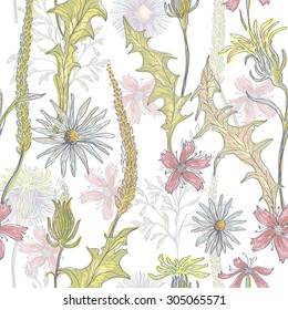 Tender meadow endless  pattern. All elements of composition located on separate layers and can be easy editable