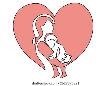 A tender and minimalist line art illustration depicting a mother lovingly holding her baby