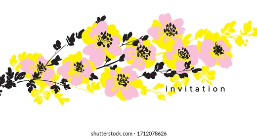 Tender modern rosy and yellow abstract flower for card, header, invitation, poster, social media, post publication. Tender sakura blossom vector composition. 