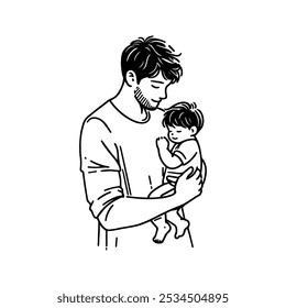Tender Moment Between Father and Child In Simple Black And White Line Art Illustration Style
