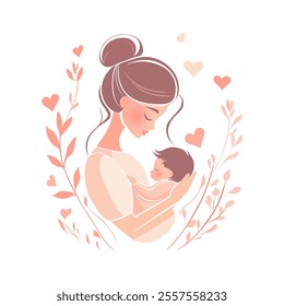 Tender Moment Between Mother and Child in Soft Colors. Illustration of a mother holding her baby surrounded by hearts and soft floral accents