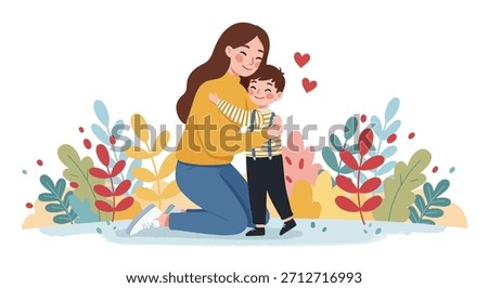 A tender moment between a mother and her young son, depicted in a warm embrace with stylized plants and floating hearts.