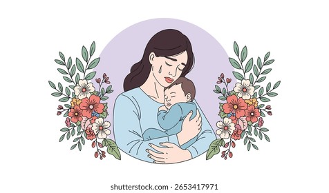 A tender moment capturing maternal love and the embrace of a newborn child amidst floral decorations